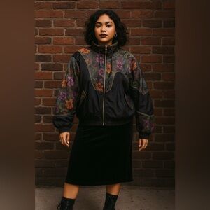 Vintage‎ Lavon Black Floral Velvet Track Jacket Art To Wear Windbreaker Retro XL